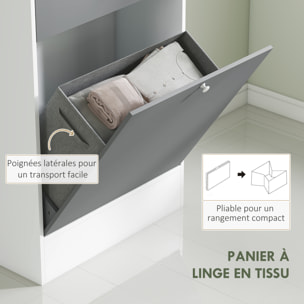 Meuble haut de salle de bain avec miroir - panier à linge à bascule, 2 portes, 3 étagères, 2 niches, tiroir - blanc gris