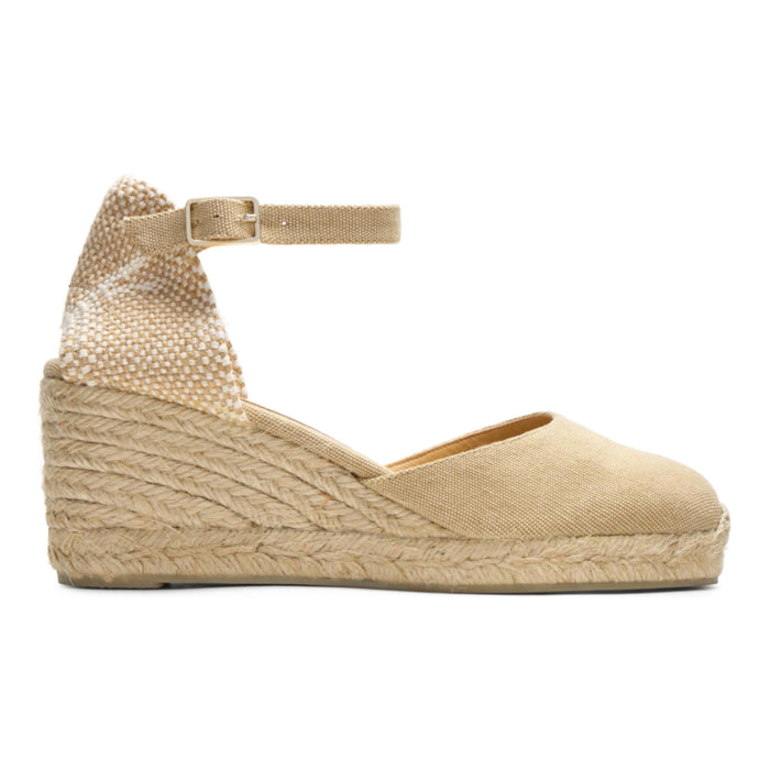 Alpargatas de cuña de mujer Carol en algodón acabado lavado, cierre lateral de pulsera con hebilla metálica