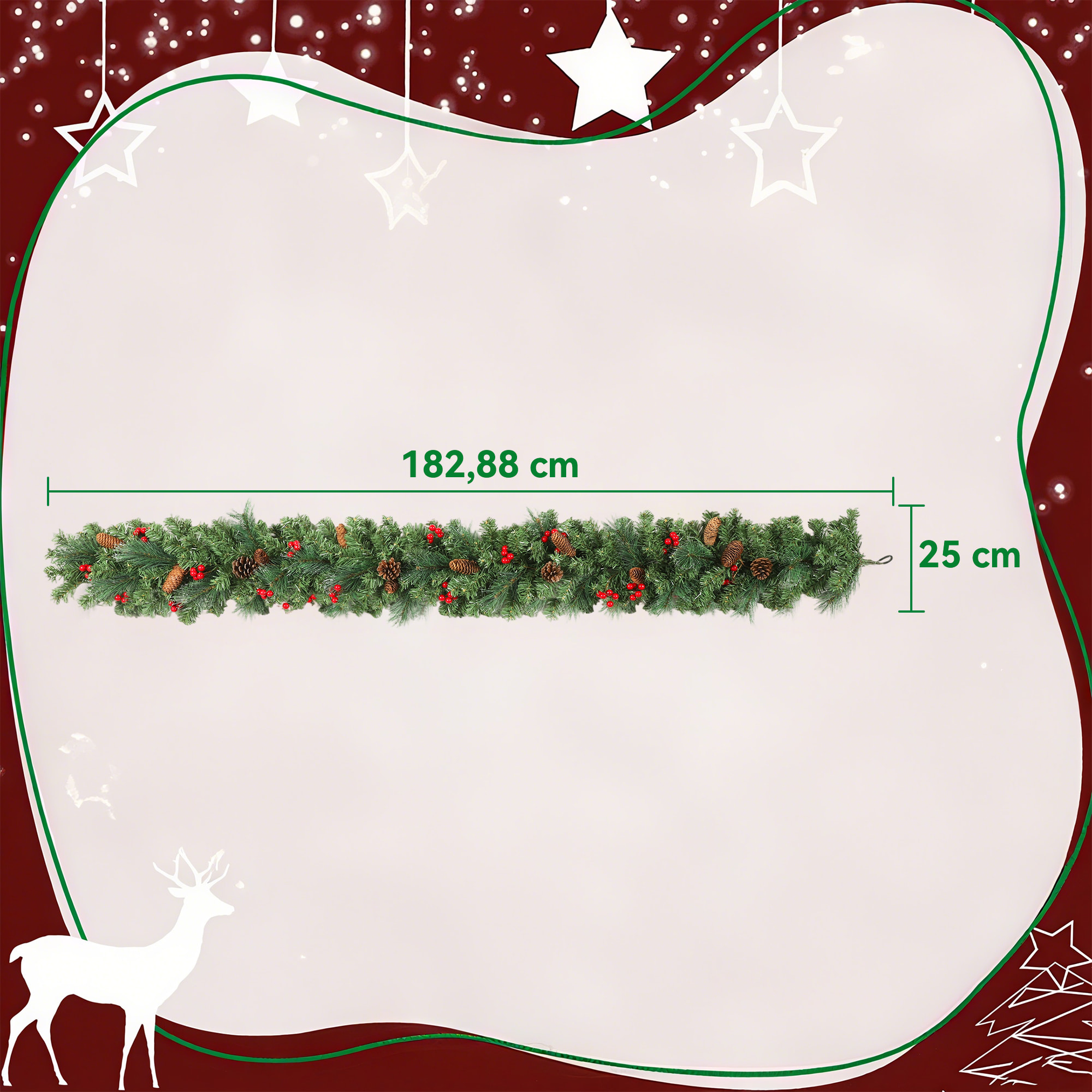 Guirlande de Noël artificielle 180 cm 162 branches denses 2 variétés - pommes de pin, baies rouges - vert