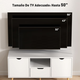 Mueble de TV, Mesa de TV con Cajón, 2 Puertas y Estante Abierto, Patas de Madera, para Televisores hasta 50 Pulgadas, Largo de 110 cm, para Salón, Dormitorio, Blanco