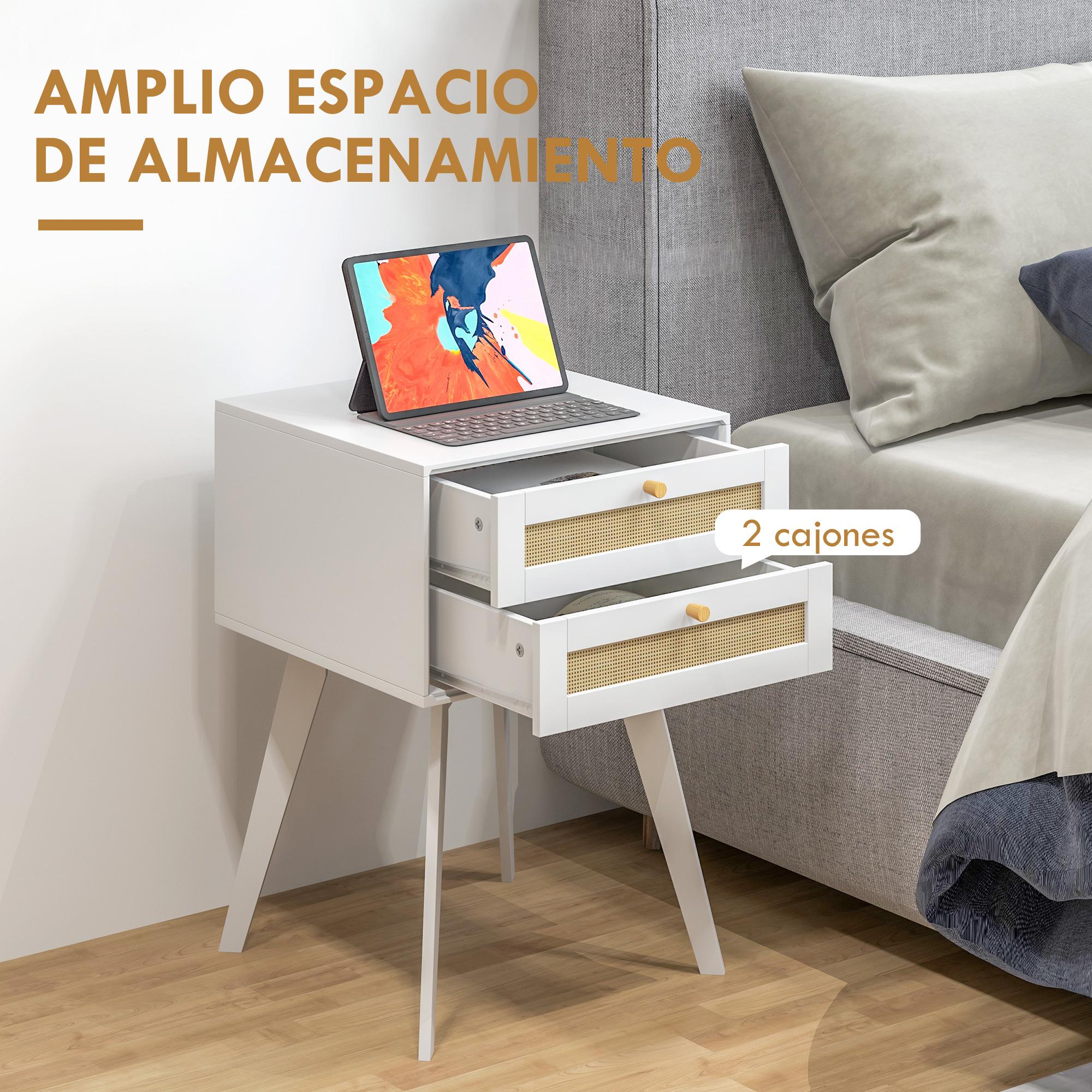 Mesita de Noche Blanca Mesilla de Noche Boho con 2 Cajones y Elemento de Ratán Mesita Auxiliar Pequeña para Dormitorio Salón 40x40x60 cm