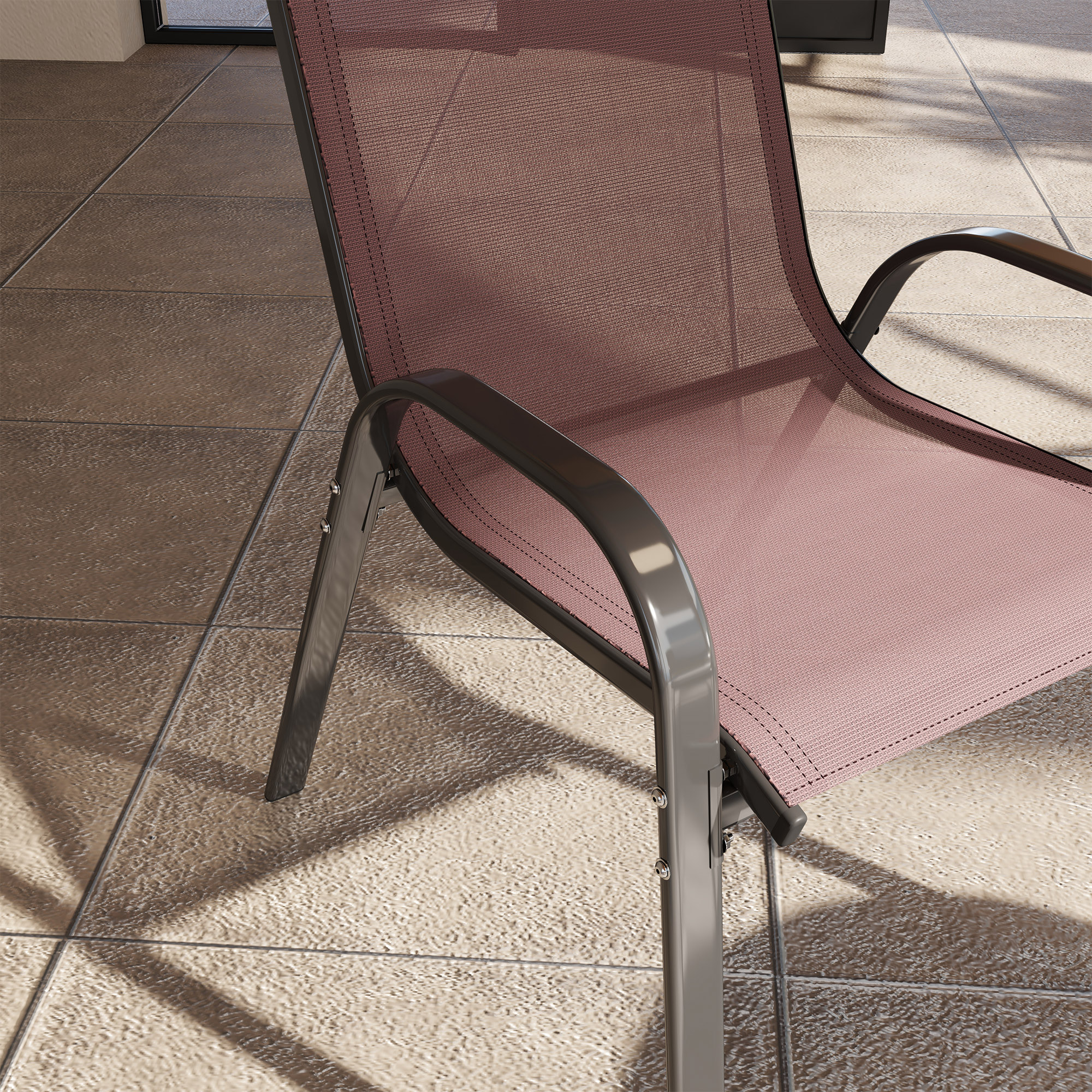 Juego de 4 Sillas de Jardín Exterior, Sillas Terraza Exterior Apilables, Sillas de Jardín con Tela Transpirable, Marco de Acero, Reposabrazos y Respaldo, 54x71x93 cm, Marrón Oscuro y Negro