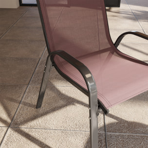 Juego de 4 Sillas de Jardín Exterior, Sillas Terraza Exterior Apilables, Sillas de Jardín con Tela Transpirable, Marco de Acero, Reposabrazos y Respaldo, 54x71x93 cm, Marrón Oscuro y Negro