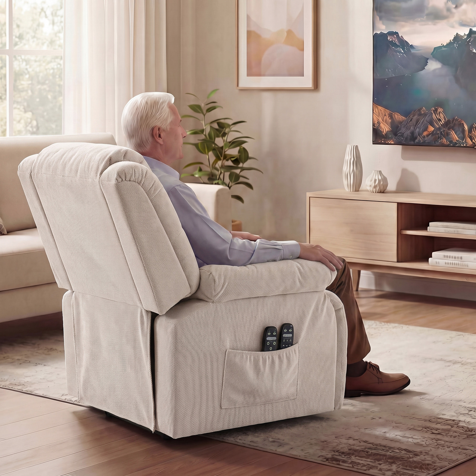 HOMCOM Sillón Relax Reclinable Eléctrico Levanta Personas Mayores con 8 Puntos Masaje Vibratorio y Calor, Sillón Elevador, Asiento Ancho, Puerto USB, Bolsillos, Reposapiés, de Terciopelo, Beige