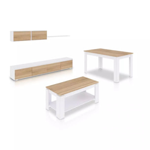 Pack salón con mesa de centro y mesa de comedor Arlet Max Blanco Artik (Blanco Mate) - Roble Canadian