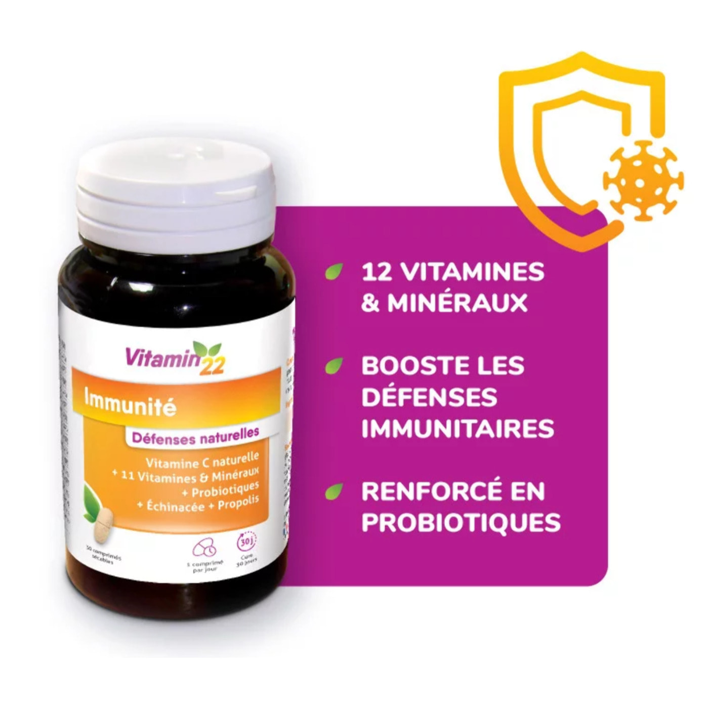 VITAMIN'22 - Immunité - Vitamines, Minéraux, Échinacée et Propolis - Renforce les défenses immunitaires et réduit la fatigue - Cure de 30 jours