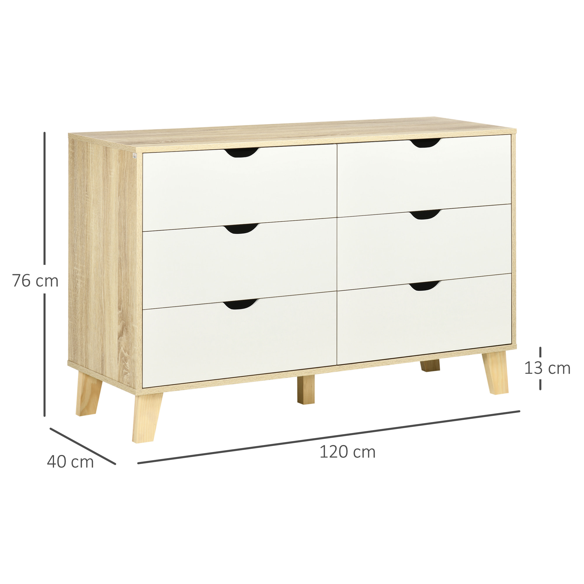 Cómoda con 6 Cajones Cajonera de Armario Mueble Organizador con Cajones para Cocina Dormitorio Salón Estudio Estilo Moderno Antivuelco 120x40x76 cm Natural y Blanco