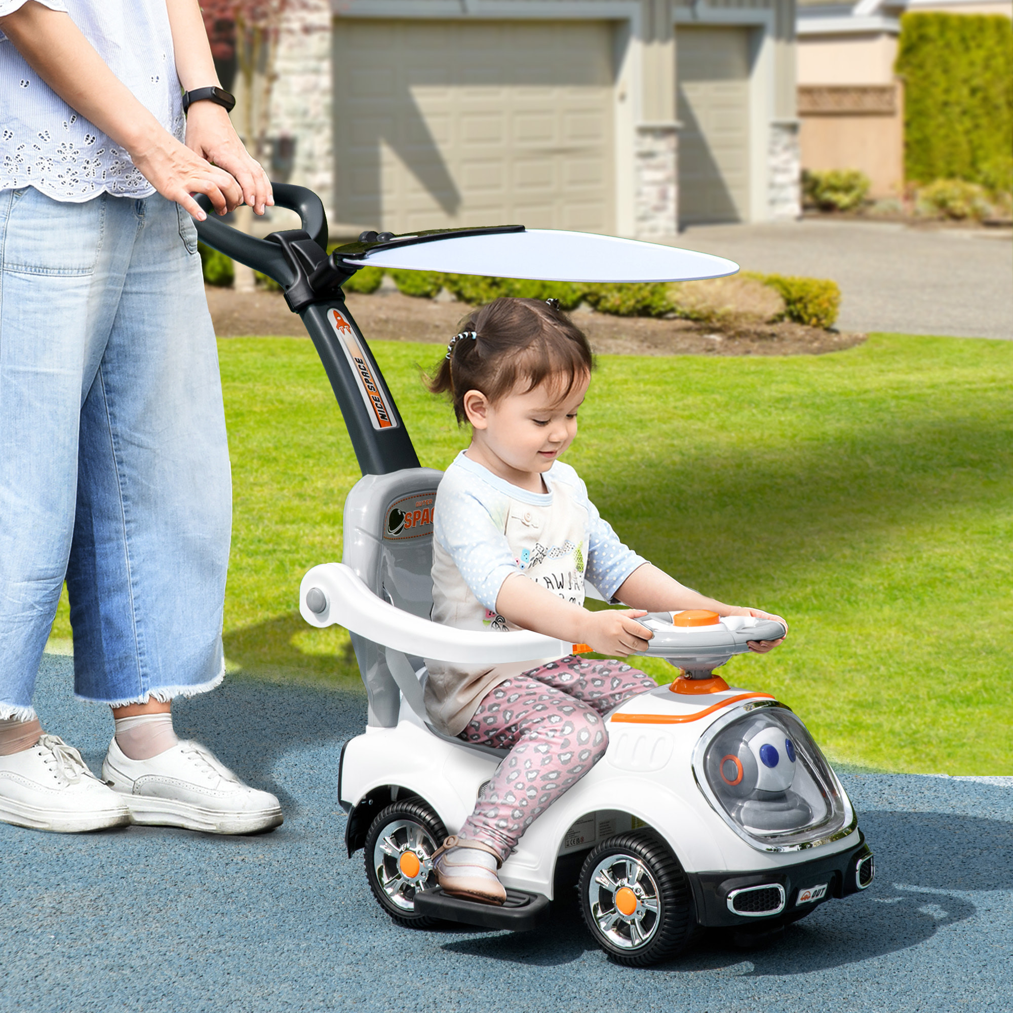 Coche Correpasillos 3 en 1 para Niños 12-36 Meses, Correpasillos con Espacio de Almacenaje, Diseño de Robot con Ojos Luminosos, Música, Bocina, Asa de Empuje y Toldo Extraíbles, Blanco