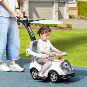 Coche Correpasillos 3 en 1 para Niños 12-36 Meses, Correpasillos con Espacio de Almacenaje, Diseño de Robot con Ojos Luminosos, Música, Bocina, Asa de Empuje y Toldo Extraíbles, Blanco