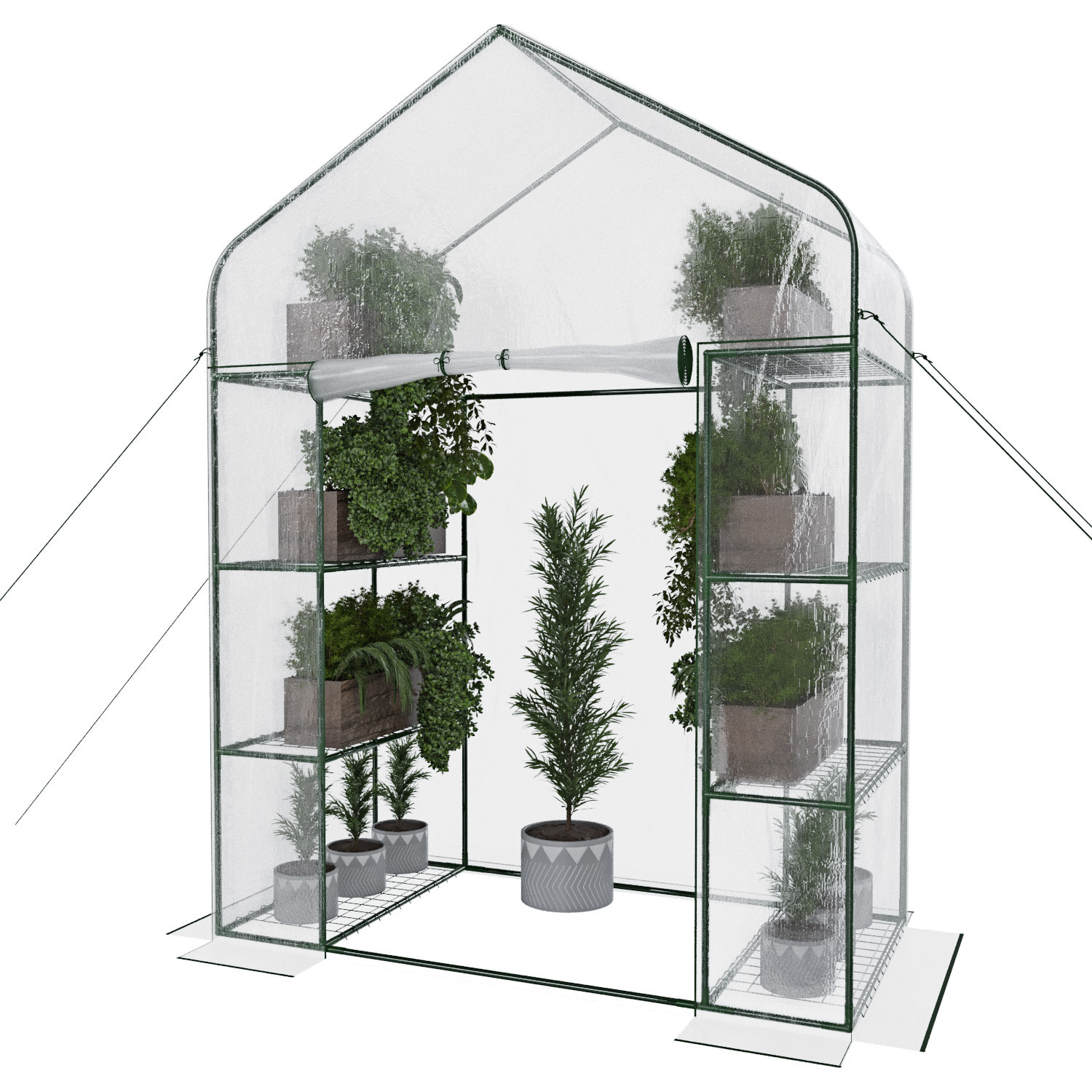 Serra Da Giardino Per Orto Con 8 Ripiani In Metallo Telaio A Casetta Acciaio Telo Trasparente PVC Porta Avvolgibile Apertura Cerniera 143x74x195 Cm