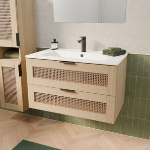 Meuble salle de bain cannage Apolline 60cm décor bois et cannage - 2 tiroirs, vasque et miroir