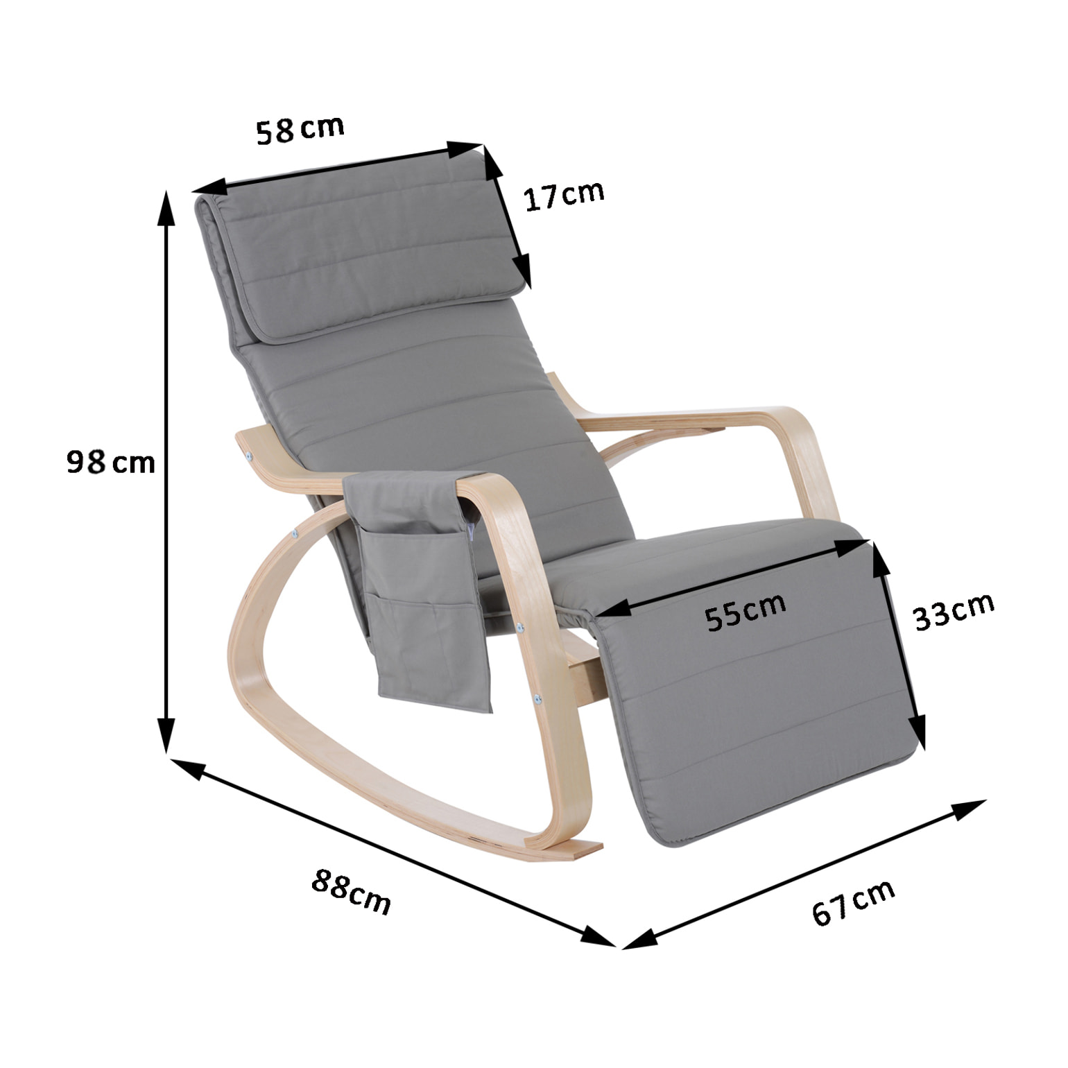 Fauteuil à bascule - fauteuil relax repose-pied réglable, poche rangement, tétière - bois tissu gris