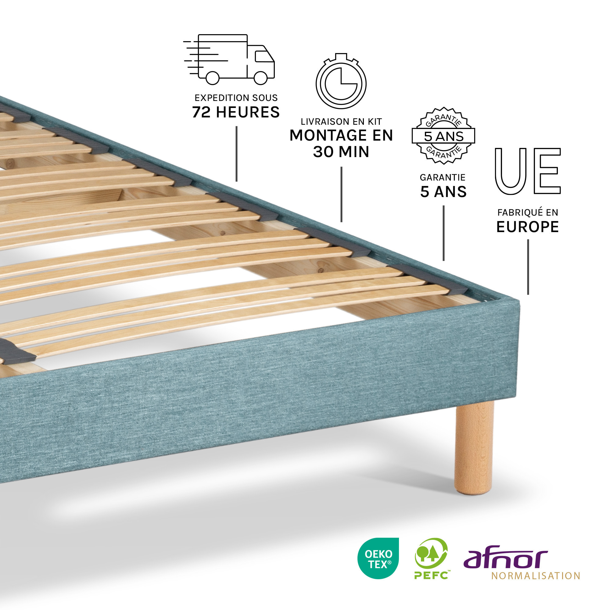 Sommier Lumière Technologie Tri-Lattes, tissu vert d’eau, Bois Épicéa, H30 cm, Lattes Actives, Aération Optimale