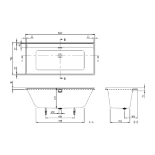 Baignoire droite 160 x 75 VILLEROY & BOCH Collaro acrylique blanc mat avec vidage et trop plein blanc mat