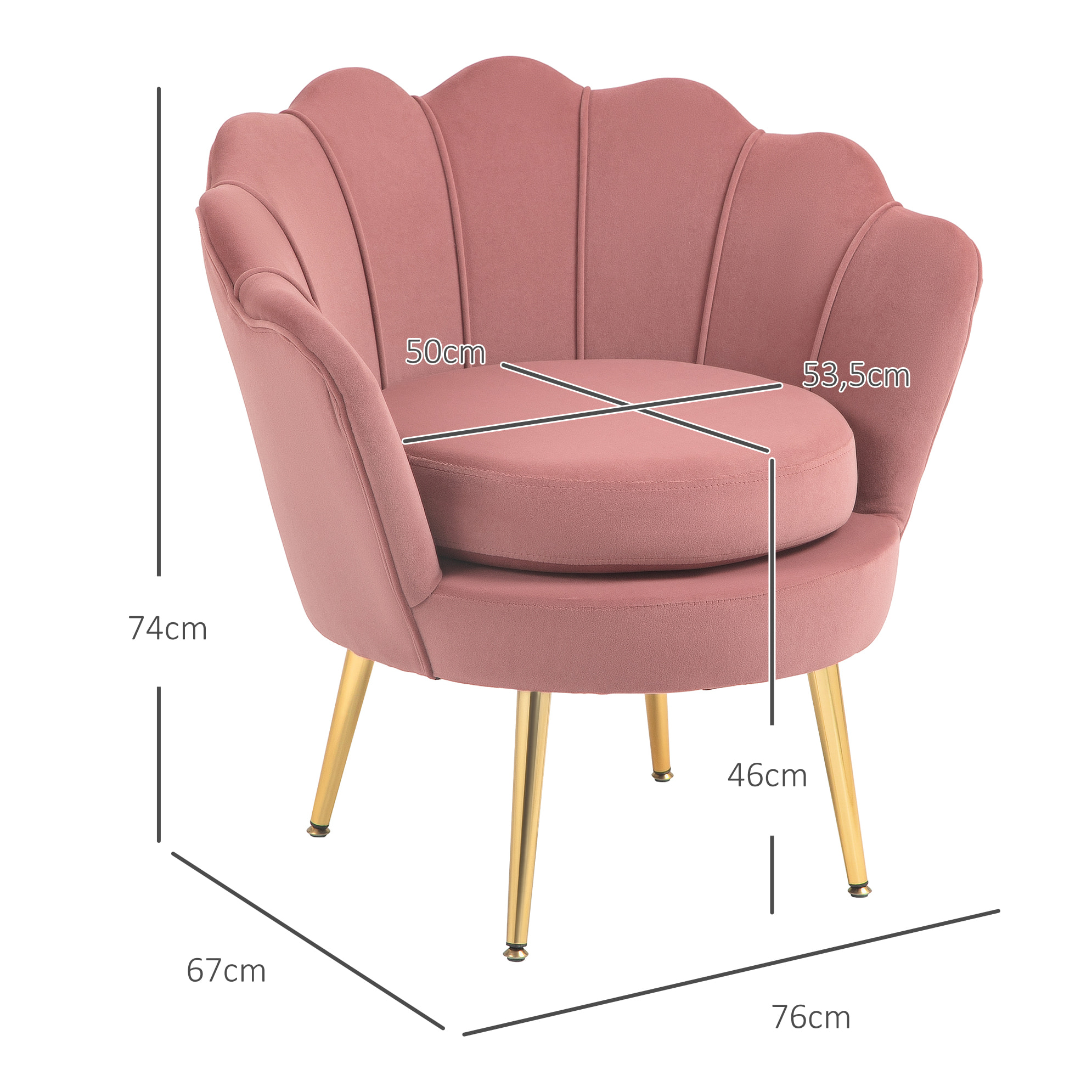 Butaca de Salón Tapizada en Terciopelo Sillón Butaca de Dormitorio con Respaldo en Forma de Concha y Patas Doradas para Comedor 76x67x74 cm Rosa