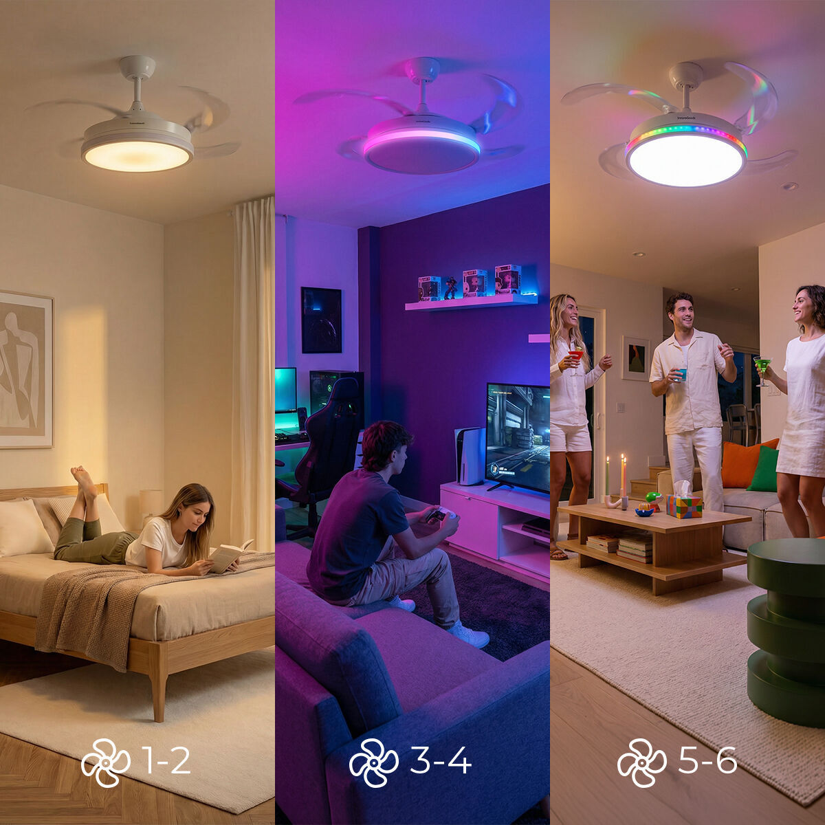 Ventilador de Techo con Luz LED RGB, 4 Aspas Retráctiles y Mando a Distancia InnovaGoods