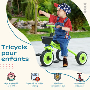 Tricycle enfant multi-équipé garde-boue sonnette panier pédales antidérapantes siège réglable avec dossier métal vert