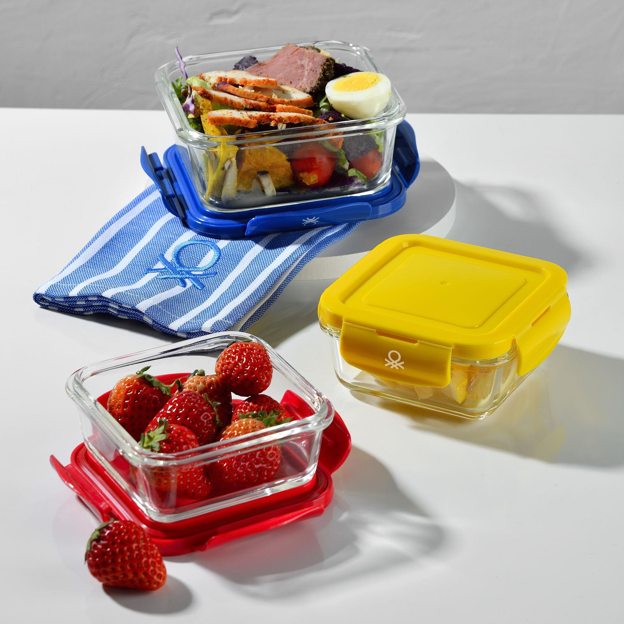 Hermético cuadrado 690ml borosilicato tapa azul rainbow benetton
