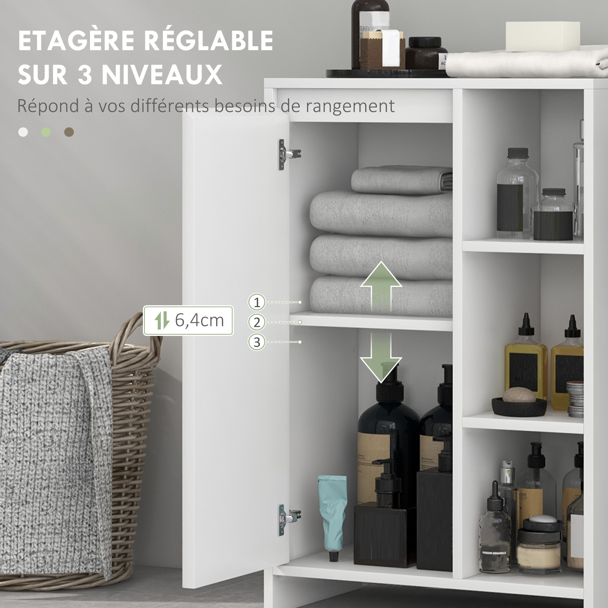 Meuble bas salle de bain design contemporain porte étagère 3 niches blanc