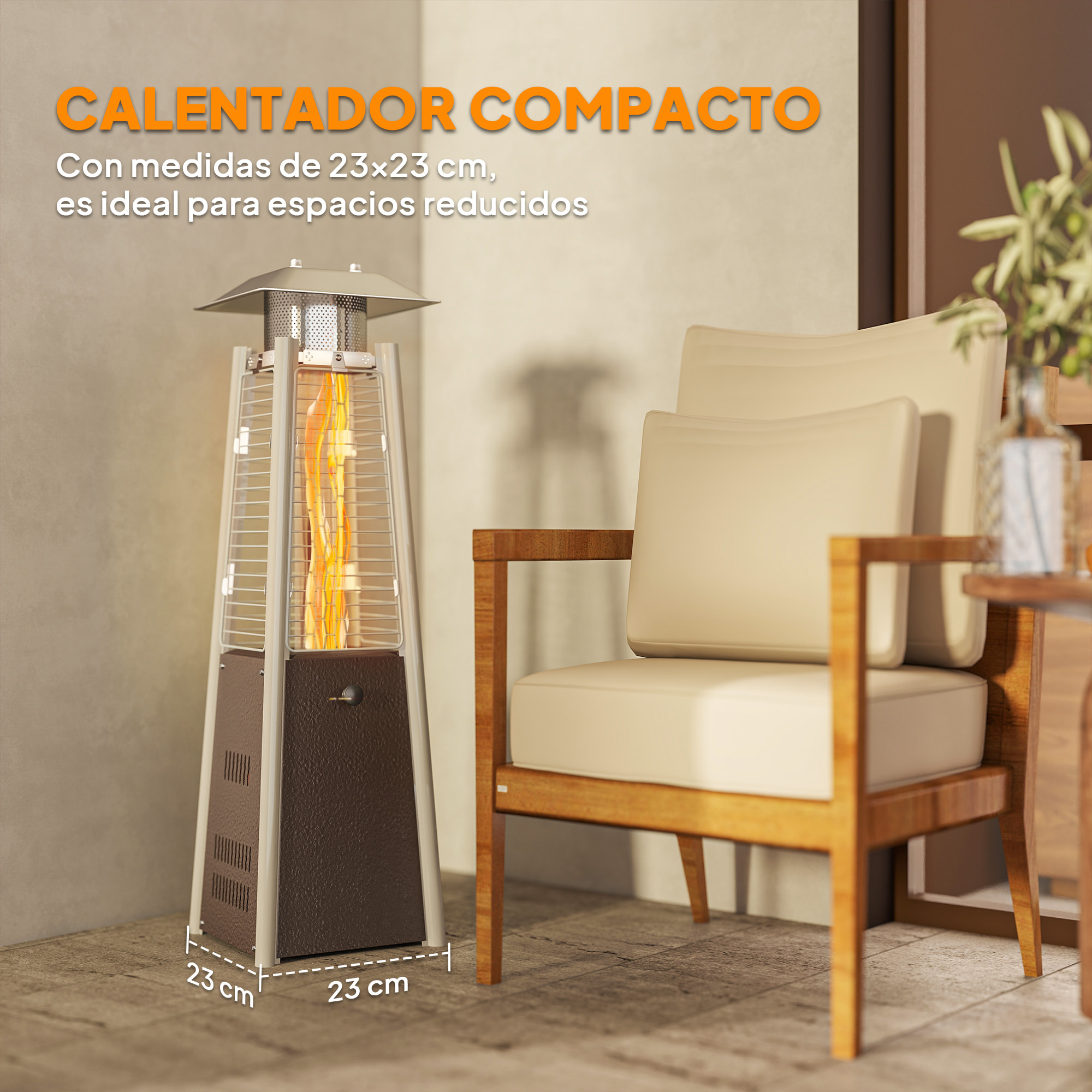 Estufa de Gas Butano, 3 KW, Calefactor de Exterior a Gas Portátil con Temperatura Ajustable, Protección contra Vuelcos, Ignición por Presión, Apta para Butano y Propano, Plata y Bronce