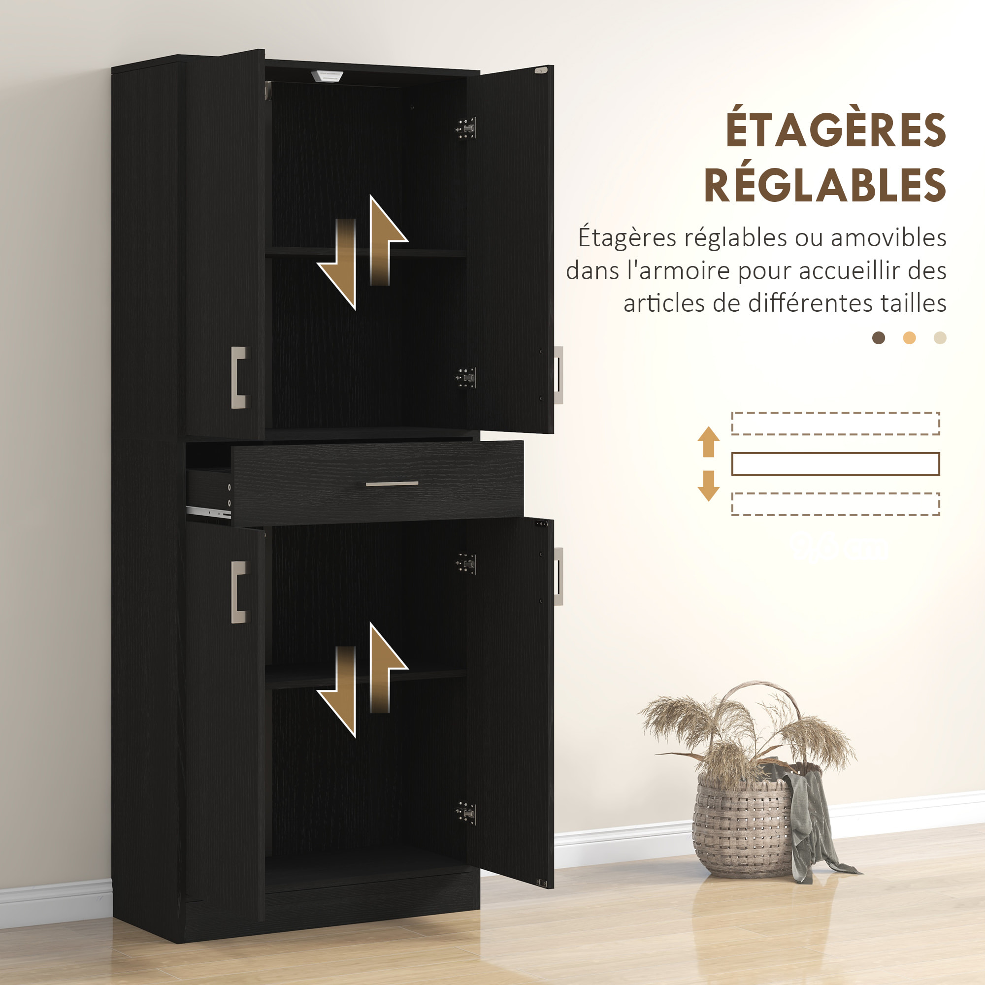 Buffet haut de cuisine style contemporain - 4 portes, 2 étagères réglables, tiroir coulissant - effet bois noir