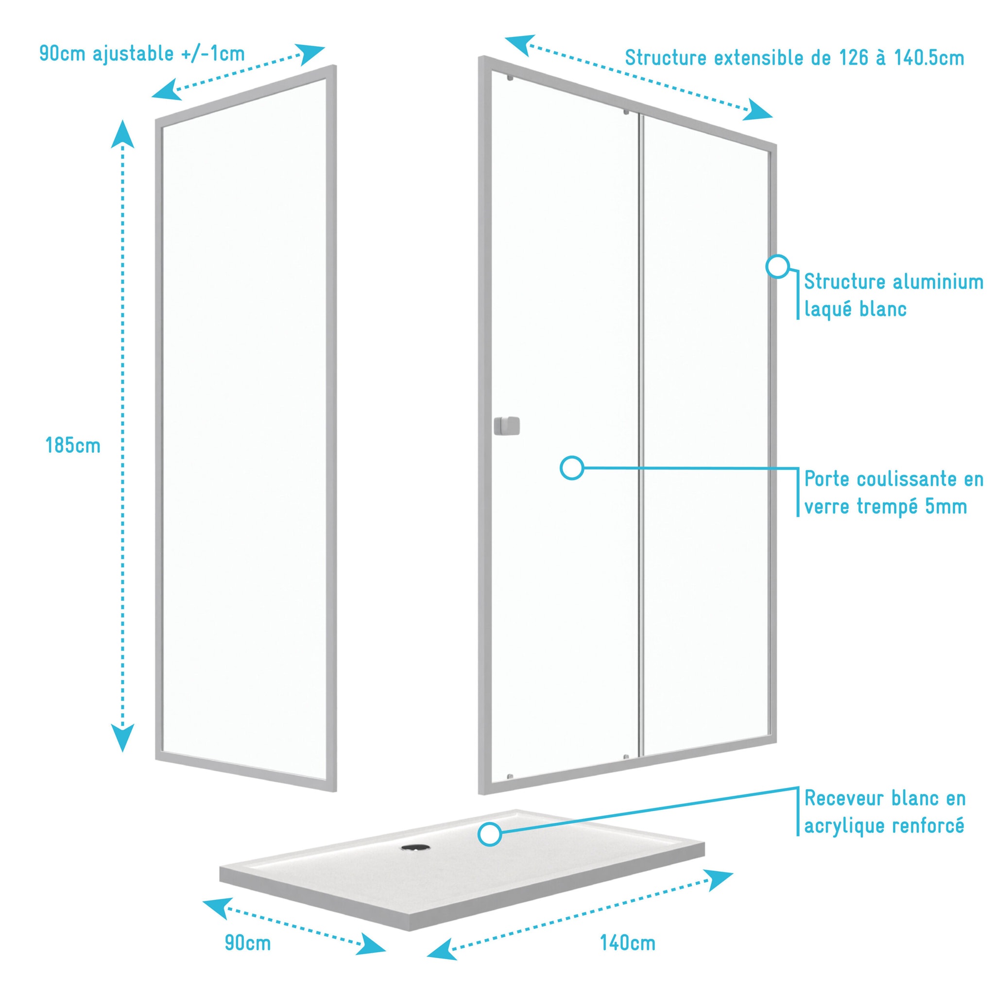 Pack porte de douche Coulissante blanc 140X185 cm + paroi de retour 90cm + receveur à poser - WHITY