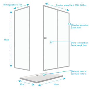 Pack porte de douche Coulissante blanc 140X185 cm + paroi de retour 90cm + receveur à poser - WHITY