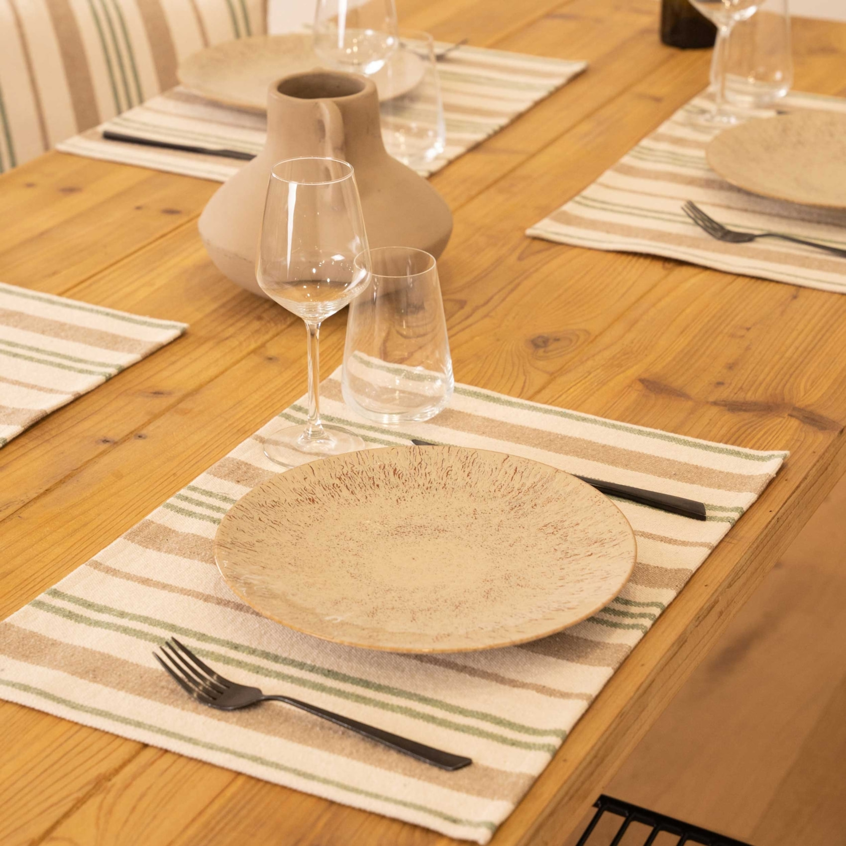 Set de table en coton épais rayures - Vert Olive