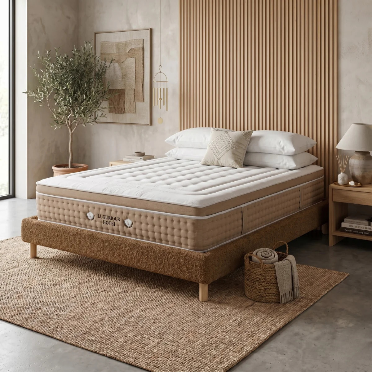 Ensemble matelas Bali & sommier Cancun | Mémoire de forme et ressorts ensachés | Cadre à lattes | Bouclette | Camel