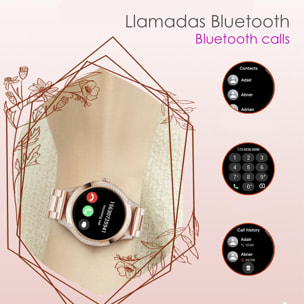 DAM Smartwatch T214 compacto y elegante. Llamadas BT, notificaciones push. Monitor de salud, ciclos femeninos. Modos deportivos. 4,1x1,1x4 Cm. Color: Oro Rosa