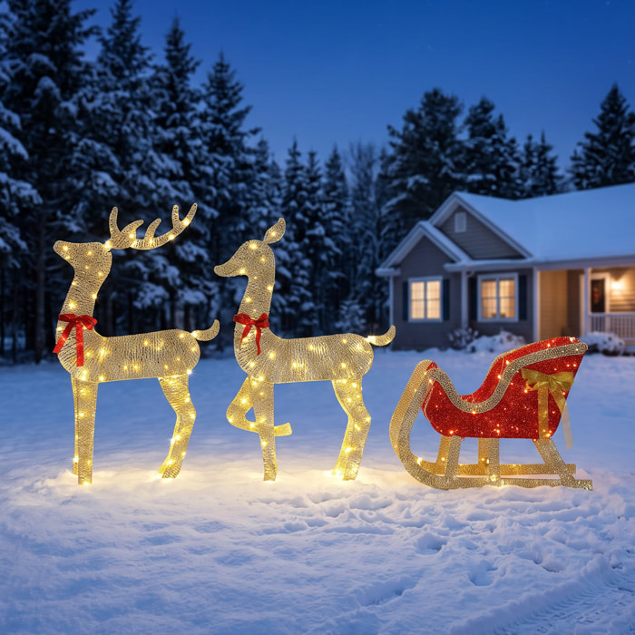 Outsunny Reno de Navidad Exterior con Trineo 3D de 3 Piezas, Decoración Navidad Iluminado con 200 Luces LED Blanco Cálido, 8 Modos y Temporizador, Reno Grande de 123 cm, para Interiores, Exteriores