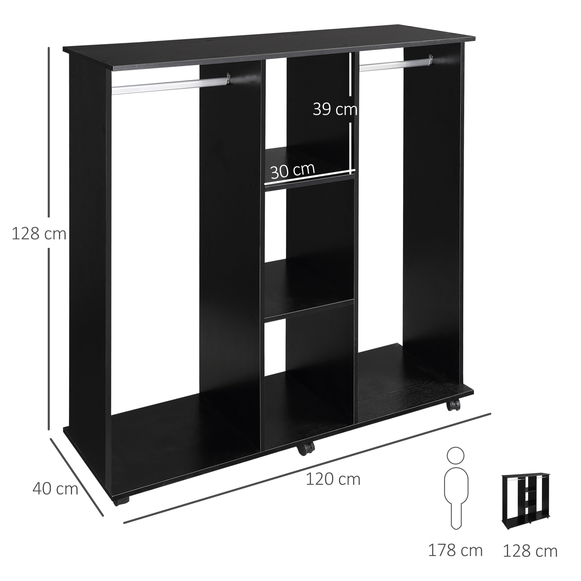 Armario Ropero con 3 Estantes de Madera 120x40x128cm Negro