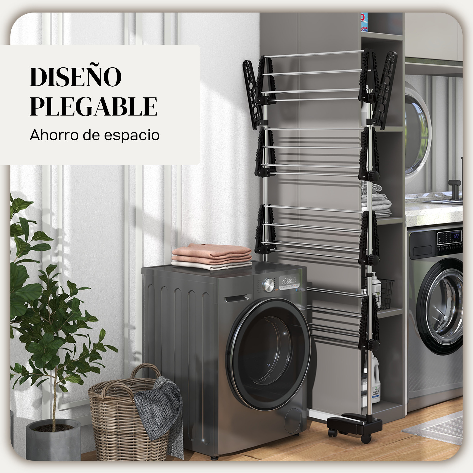 Tendedero Vertical Plegable Tendedero de Ropa con 6 Ruedas 2 Laterales Abatibles Estantes Ajustables y Marco de Acero Inoxidable para Interior y Exterior Negro y Plata