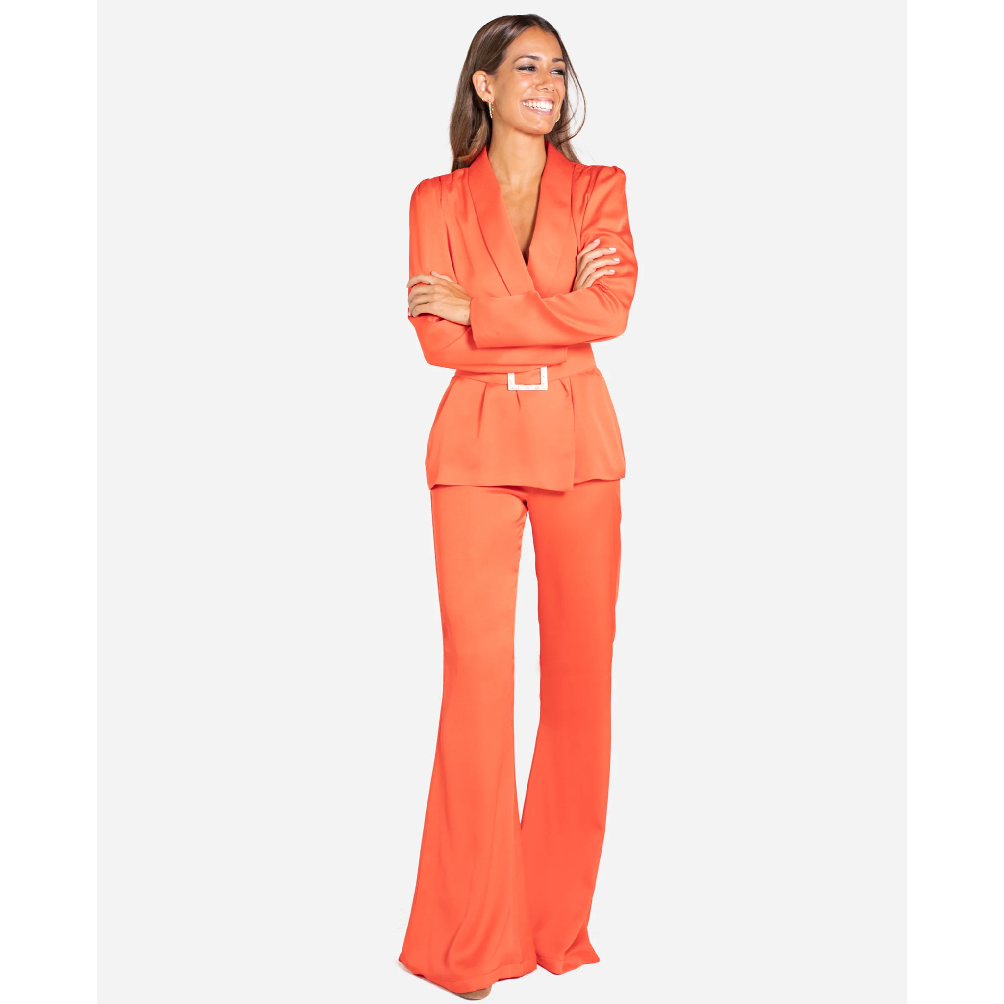 Pantalón campana coral elegante mujer