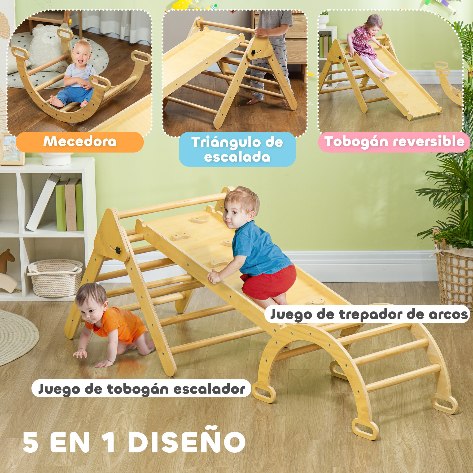 5 en 1 Triángulo de Escalada Montessori con Arco y Rampa, Escalada para Niños de Madera Plegable, para 18-48 Meses, para Deslizarse o Escalar, 178x64,5 cm, Madera Natural