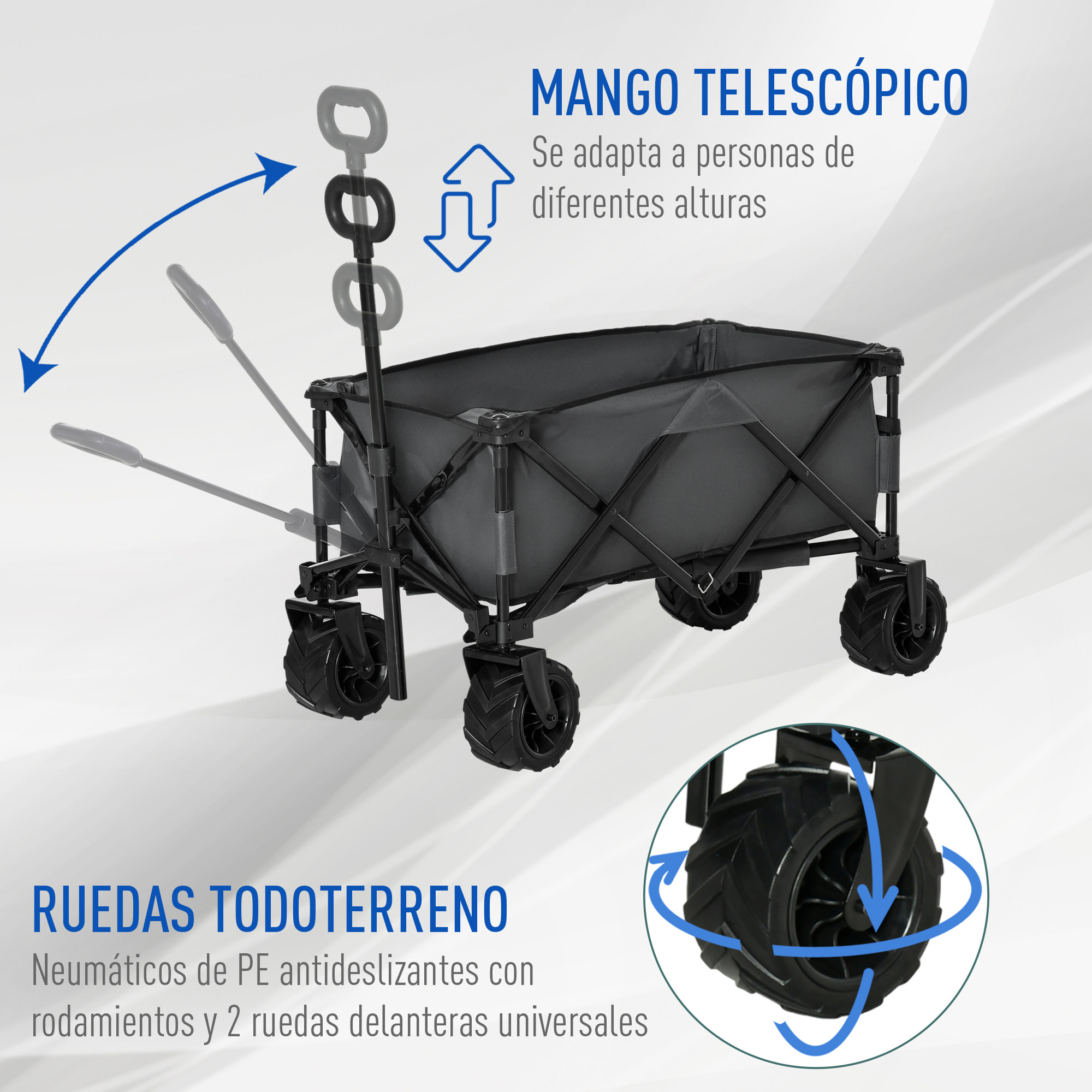 Carro de Jardín Plegable Carga 70 kg Carro para Playa con Altura del Manillar Ajustable Ruedas Delanteras Giratorias 360° y Marco de Acero para Compra Gris Oscuro