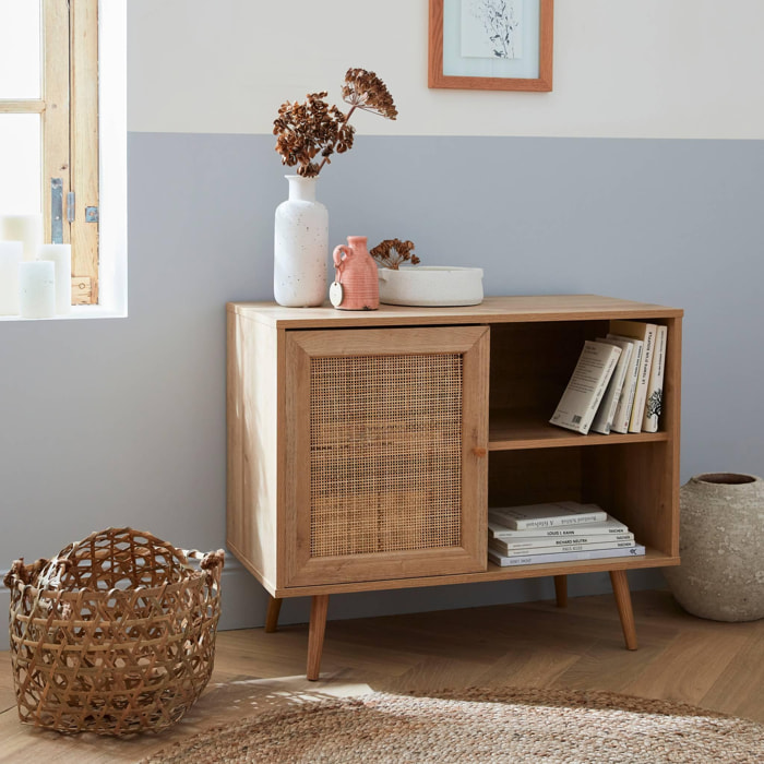 Meuble de rangement en cannage 80x39x65.8cm Bohème - Naturel - 2 niveaux - 1 porte - pieds scandinaves
