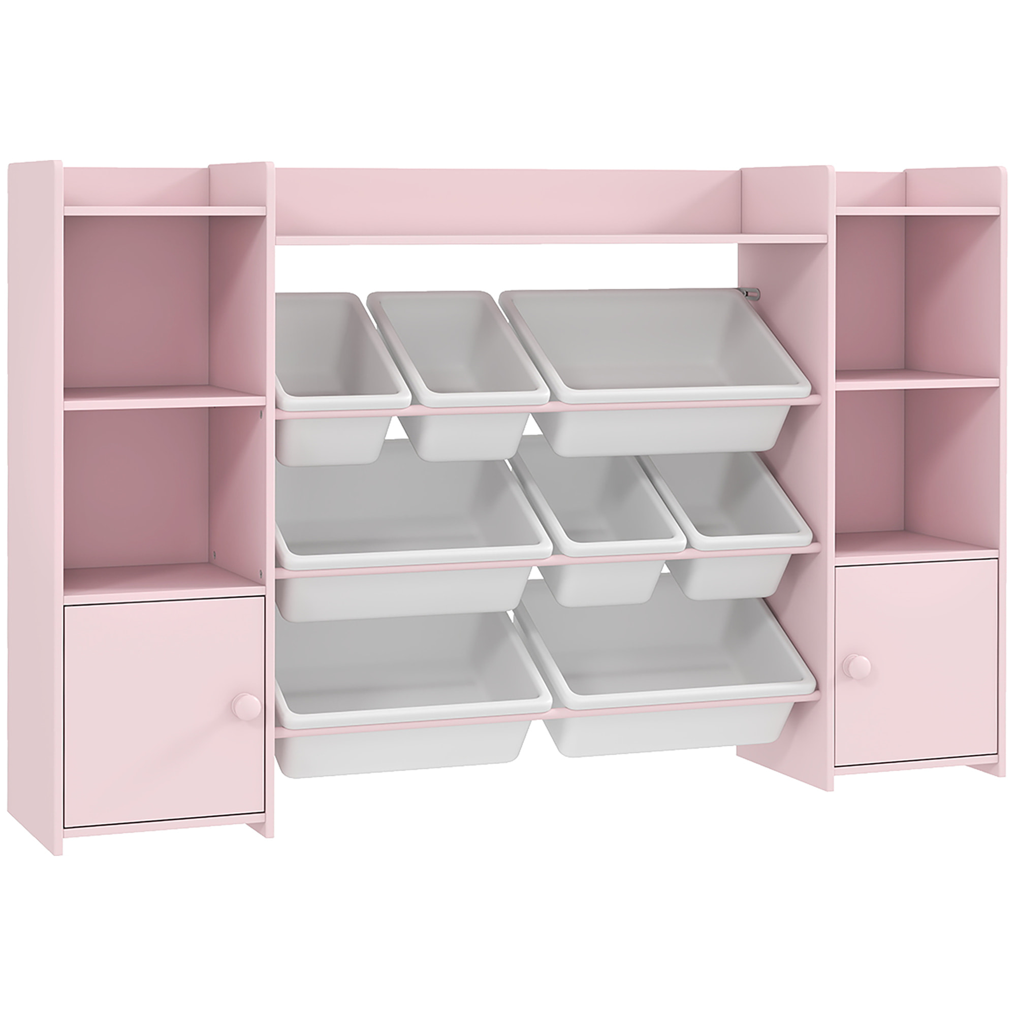 Bibliothèque enfant - rangement à bacs posés x 8 - 4 niches, 3 étagères, 2 portes - rose