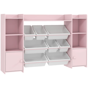 Bibliothèque enfant - rangement à bacs posés x 8 - 4 niches, 3 étagères, 2 portes - rose