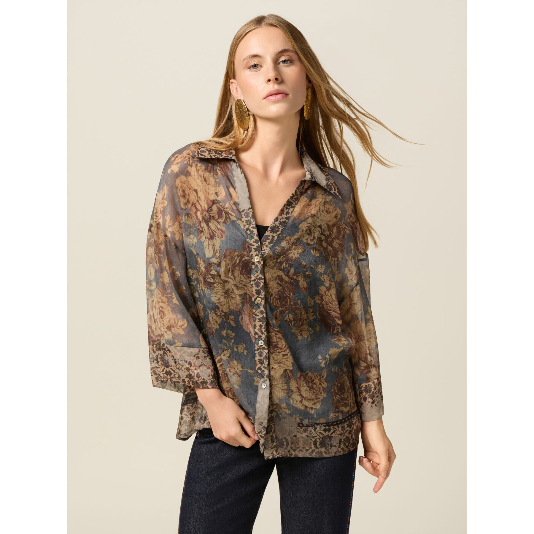 Oltre - Camisa estampada con mangas kimono - Beige