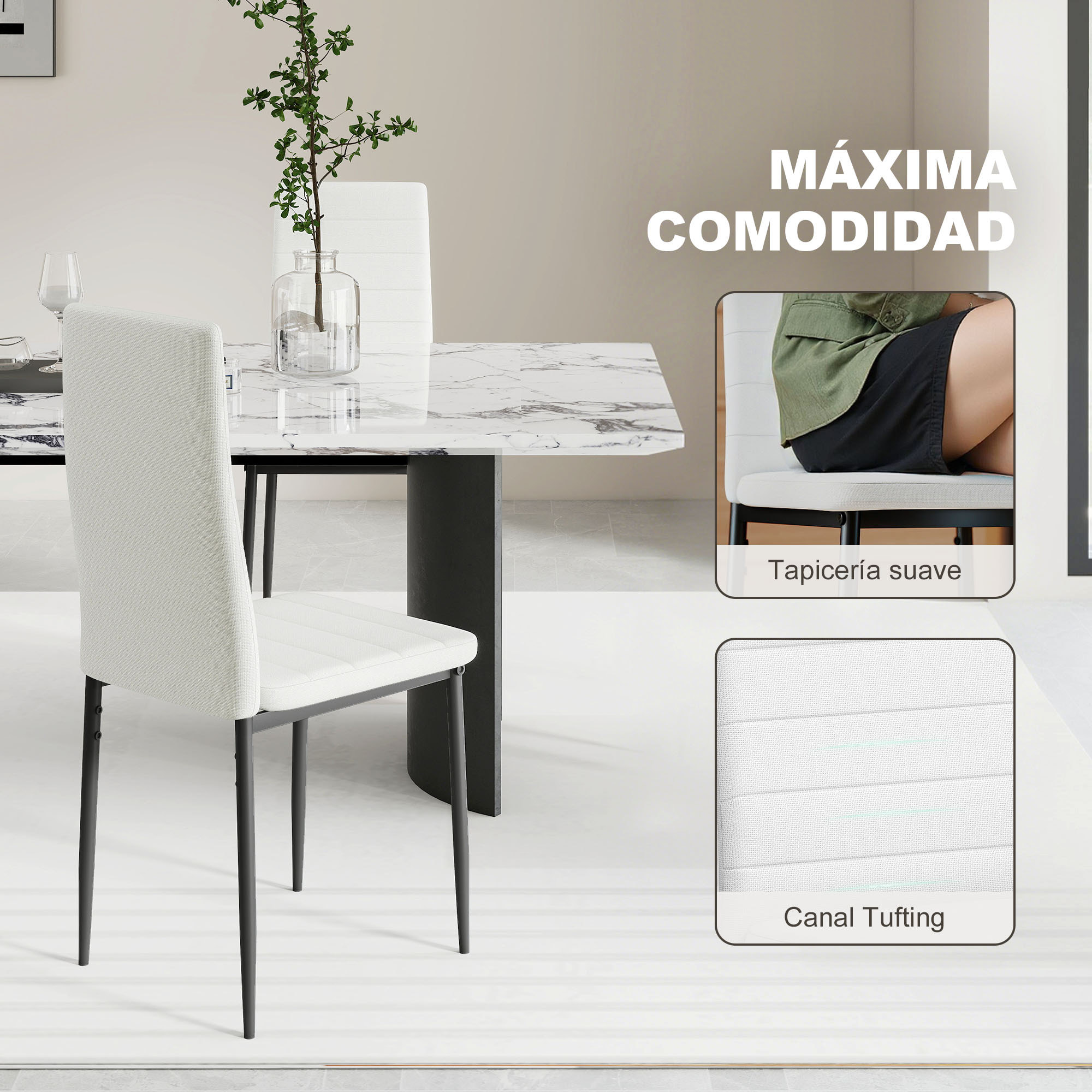 Pack de 6 Sillas de Comedor Modernas, Sillas de Cocina Tapizadas en Lino Sintético con Respaldo Alto y Patas de Metal, para Salón, Blanco