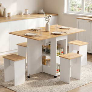 HOMCOM Conjunto Mesa y 4 Sillas de Comedor, Mesa de Comedor Plegable con Taburetes Ocultos, 2 Alas Abatibles, Ruedas, Estantes, Ahorro de Espacio, para 4-6 Personas, Roble