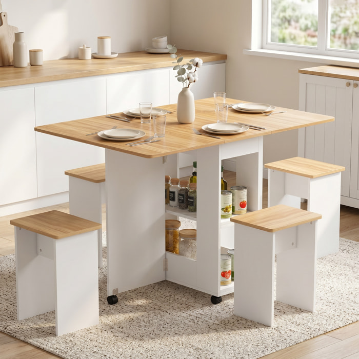 HOMCOM Conjunto Mesa y 4 Sillas de Comedor, Mesa de Comedor Plegable con Taburetes Ocultos, 2 Alas Abatibles, Ruedas, Estantes, Ahorro de Espacio, para 4-6 Personas, Roble