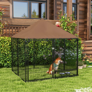 Perrera con Toldo Parque para Perros Metálica de Exterior con Soporte Giratorio para Comida 2 Cuencos para Patio Jardín Terraza 141x141x151 cm Negro