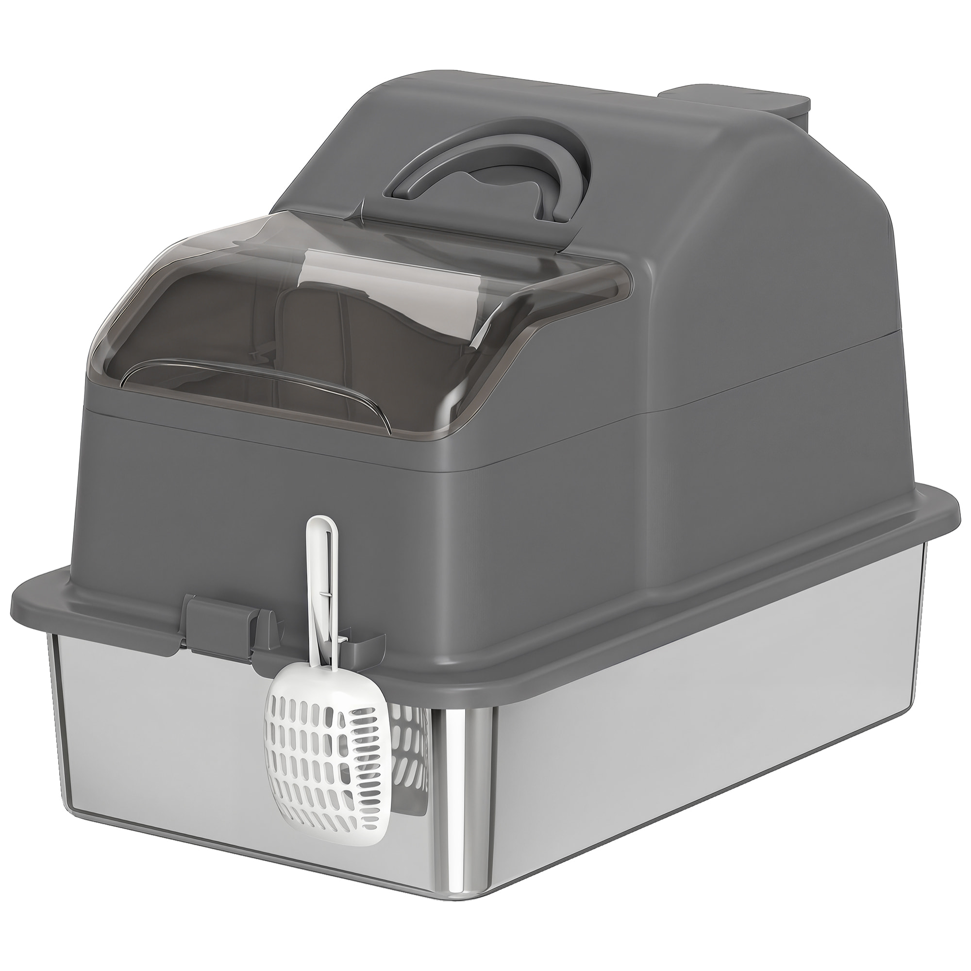 Maison de toilette bac à litière chat - 60 x 40 x 28 cm - pelle, poignée - acier inox plastique gris