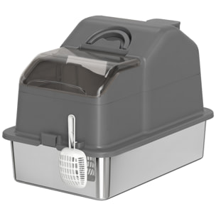 Maison de toilette bac à litière chat - 60 x 40 x 28 cm - pelle, poignée - acier inox plastique gris