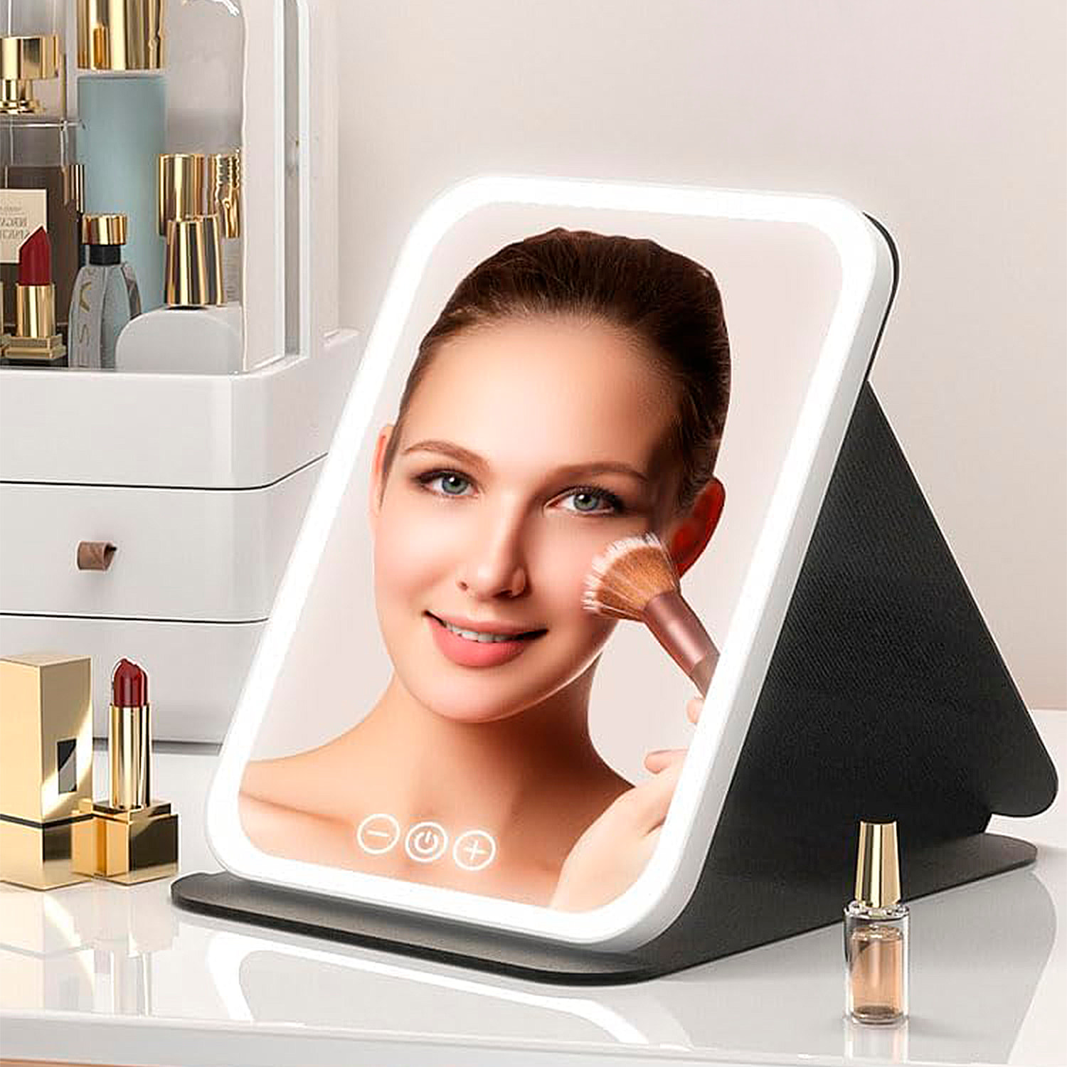 Espejo de maquillaje plegable, con luz led fría, normal y cálida. 5 niveles de intensidad.