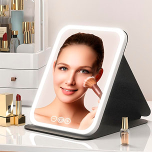 Espejo de maquillaje plegable, con luz led fría, normal y cálida. 5 niveles de intensidad.