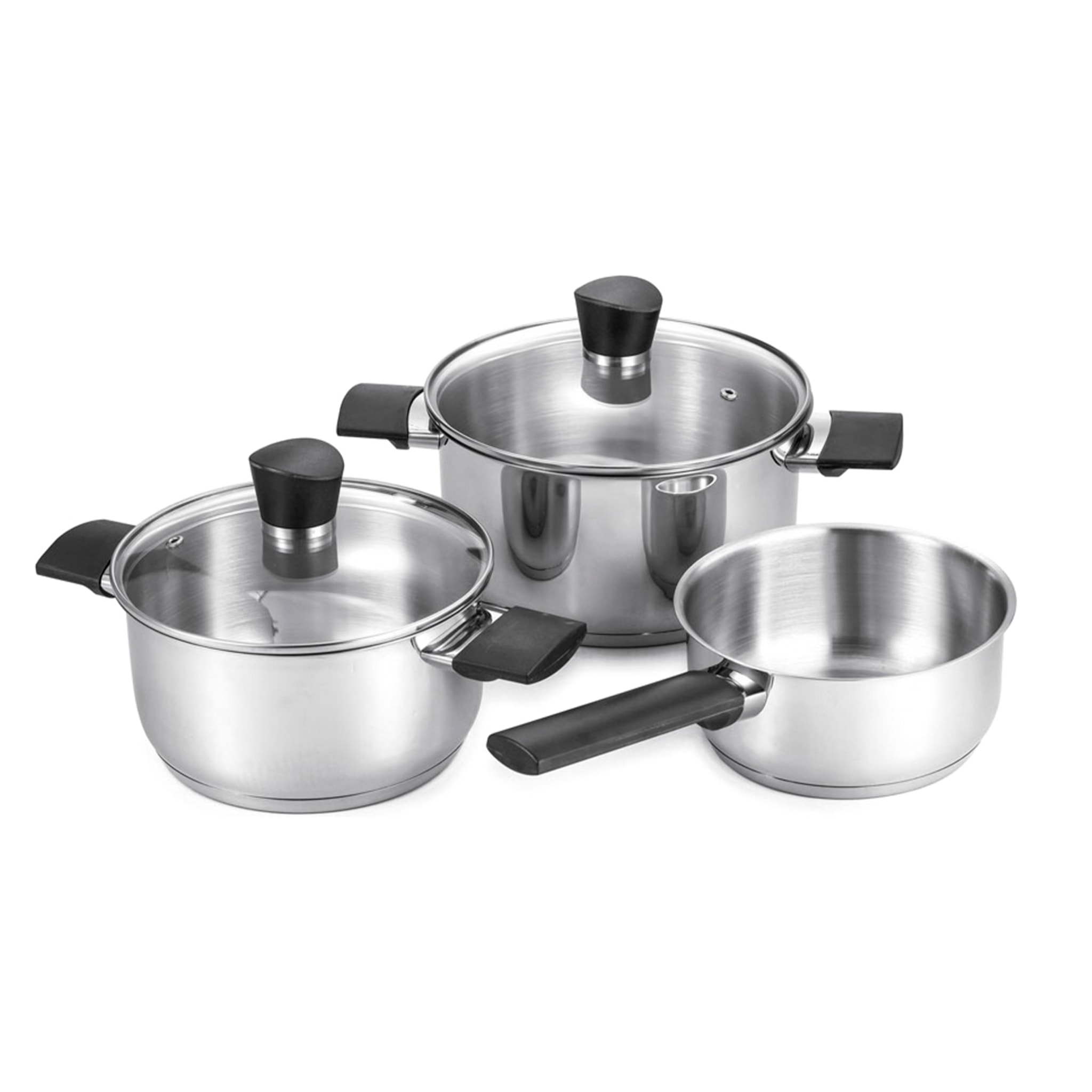 Set de cocina de acero con 5 piezas. 2 ollas, 2 tapas y 1 cazo.