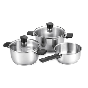 Set de cocina de acero con 5 piezas. 2 ollas, 2 tapas y 1 cazo.